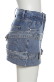 Blue Street Solid Pocket Metal Accessories Decoration Skinny High Waist Straight Patchwork Bottoms