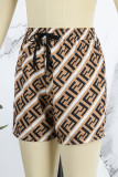 Dark Brown Street Print Letter High Waist Straight Bottoms