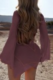 Bare Color Sexy Solid Backless Asymmetrical Off the Shoulder Long Sleeve Two Pieces