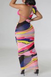 Multi-color Sexy Print Hollowed Out See-through Backless Asymmetrical Half A Turtleneck Sleeveless Three Piece Set