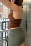 Brownness Sexy Casual Solid Backless Hooded Collar Tops