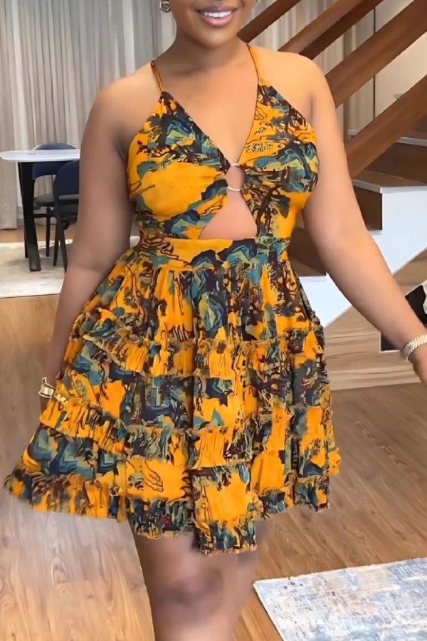 Multicolor Sexy Casual Print Backless V Neck Sling Dress Dresses