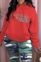 Red Casual Daily Print Draw String Hooded Collar Tops