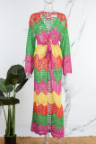 Multi-color Casual Patchwork Hollowed Out Cardigan With Belt Contrast Outerwear