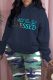 Navy Blue Casual Daily Print Draw String Hooded Collar Tops