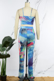 Blue Sexy Casual Print Frenulum Backless Spaghetti Strap Sleeveless Two Pieces