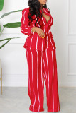 Black Casual Striped Print Basic Turndown Collar Long Sleeve Two Pieces