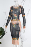 Black Sexy Print See-through O Neck Long Sleeve Dresses
