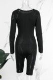 Black Sexy Solid Patchwork Zipper Collar Skinny Romper