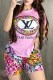 Pink Elegant Print Letter O Neck Short Sleeve Two Pieces