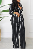 White Casual Striped Print Basic Turndown Collar Long Sleeve Two Pieces