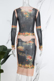 Black Sexy Print See-through O Neck Long Sleeve Dresses