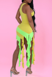 Yellow Sexy Color Lump Tassel Oblique Collar Irregular Dress Dresses