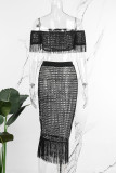 Black Sexy Casual Solid Tassel Hollowed Out Off the Shoulder Short Sleeve Two Pieces