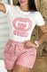 Pink Elegant Letter Embroidered O Neck Short Sleeve Two Pieces