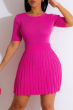 Yellow Casual Solid Patchwork Pleated O Neck Short Sleeve Two Pieces