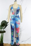Blue Sexy Casual Print Frenulum Backless Spaghetti Strap Sleeveless Two Pieces