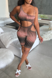 Turquoise Street Striped Bandage Hollowed Out Backless Spaghetti Strap Skinny Rompers