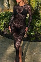 Black Sexy Solid Hollowed Out See-through Slit O Neck Long Dress Dresses