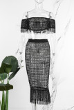 Black Sexy Casual Solid Tassel Hollowed Out Off the Shoulder Short Sleeve Two Pieces