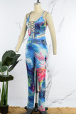 Blue Sexy Casual Print Frenulum Backless Spaghetti Strap Sleeveless Two Pieces