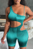 Turquoise Street Striped Bandage Hollowed Out Backless Spaghetti Strap Skinny Rompers