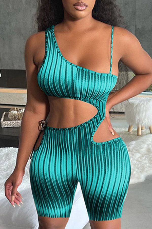 Turquoise Street Striped Bandage Hollowed Out Backless Spaghetti Strap Skinny Rompers