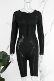 Black Sexy Solid Patchwork Zipper Collar Skinny Romper