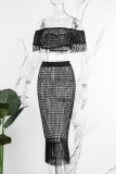 Black Sexy Casual Solid Tassel Hollowed Out Off the Shoulder Short Sleeve Two Pieces