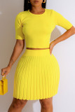 Yellow Casual Solid Patchwork Pleated O Neck Short Sleeve Two Pieces