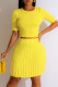 Yellow Casual Solid Patchwork Pleated O Neck Short Sleeve Two Pieces