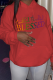 Red Daily Vintage Print Draw String Letter Hooded Collar Tops