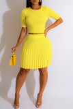Yellow Casual Solid Patchwork Pleated O Neck Short Sleeve Two Pieces