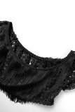 Black Sexy Casual Solid Tassel Hollowed Out Off the Shoulder Short Sleeve Two Pieces