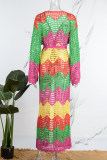 Multi-color Casual Patchwork Hollowed Out Cardigan With Belt Contrast Outerwear