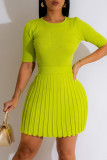 Yellow Casual Solid Patchwork Pleated O Neck Short Sleeve Two Pieces