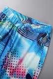 Blue Sexy Casual Print Frenulum Backless Spaghetti Strap Sleeveless Two Pieces