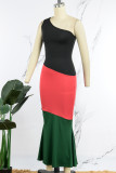 Red Sexy Casual Patchwork Backless Contrast Oblique Collar Sleeveless Dress Dresses