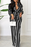 Green Casual Striped Print Basic Turndown Collar Long Sleeve Two Pieces