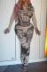 Black Street Print Patchwork Buttons See-through Mesh V Neck Long Sleeve Two Pieces