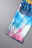 Blue Sexy Casual Print Frenulum Backless Spaghetti Strap Sleeveless Two Pieces
