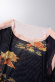 Black Sexy Print See-through O Neck Long Sleeve Dresses