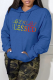 Royal Blue Street Vintage Print Draw String Hooded Collar Tops