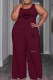 Burgundy Casual Print Ripped Letter U Neck Sleeveless Two Pieces