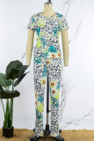 White Casual Print Basic O Neck Long Sleeve Two Pieces