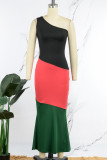 Red Sexy Casual Patchwork Backless Contrast Oblique Collar Sleeveless Dress Dresses