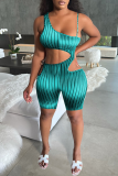 Turquoise Street Striped Bandage Hollowed Out Backless Spaghetti Strap Skinny Rompers