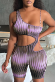 Turquoise Street Striped Bandage Hollowed Out Backless Spaghetti Strap Skinny Rompers