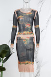 Black Sexy Print See-through O Neck Long Sleeve Dresses