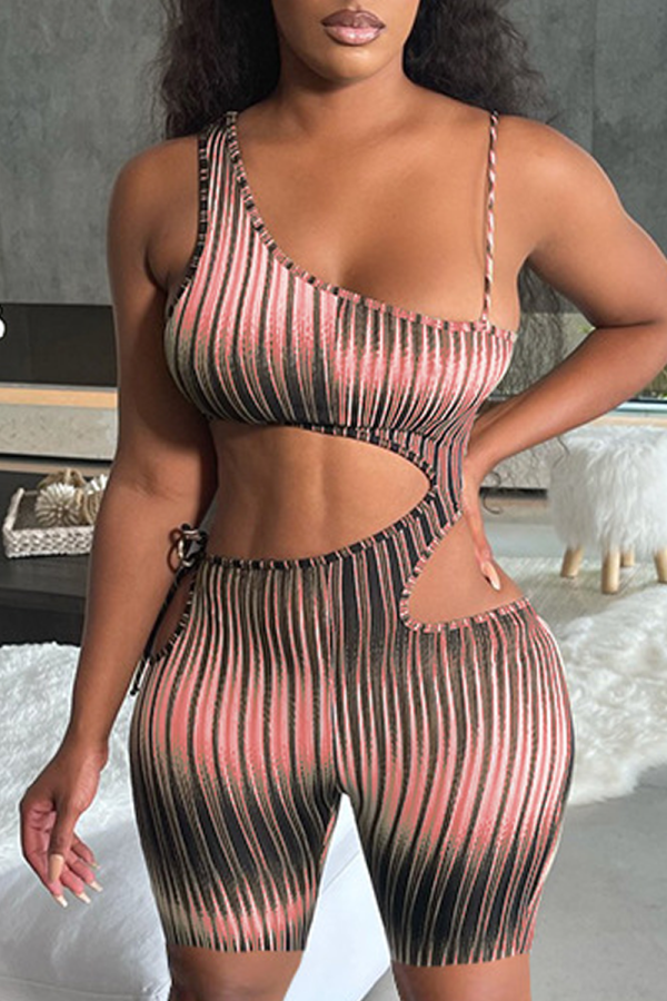 Pink Street Striped Bandage Hollowed Out Backless Spaghetti Strap Skinny Rompers